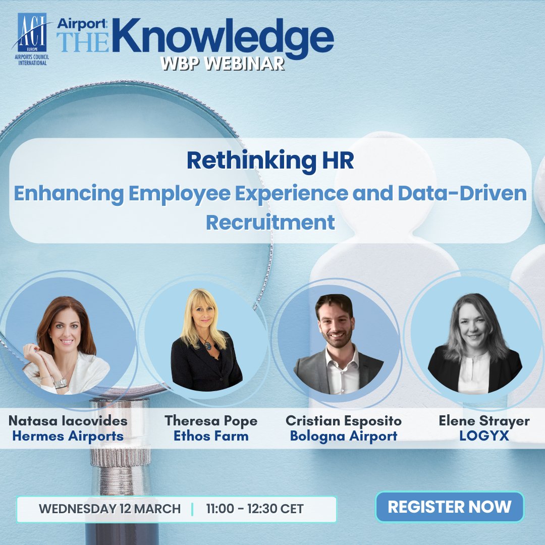 📣 WEBINAR ALERT! 📣

"Rethinking HR: Enhancing Employee Experience &amp; Data-Driven Recruitment"

📅 March 12, 2025 | 11:00 – 12:30 CET

🎙 Join us and meet top industry experts to discuss innovation, culture &amp; data in airport HR!

🔗FREE – Limited seats! 👉shorturl.at/5Iy4K