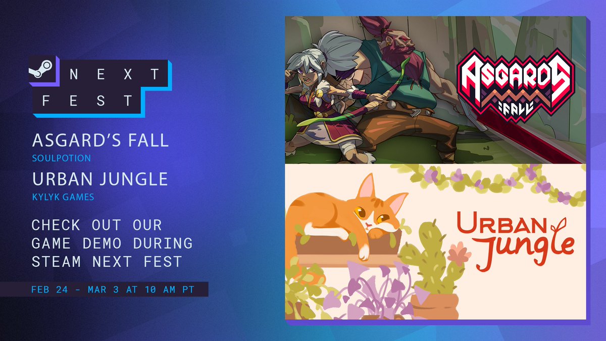 For #SteamNextFest, we've dropped two premium demos! Crush enemy hordes in Asgard's Fall with epic combos, or unwind with Urban Jungle’s zen puzzles. 

🪴Urban Jungle by <a href="/Kylyk_Games/">Kylyk Games | Urban Jungle ✨️ OUT NOW ✨️</a>: 
ow.ly/jJRf50V5XIz

⚔️Asgard's Fall by <a href="/smaex_official/">smaex</a>: 
ow.ly/A7sh50V5XIB