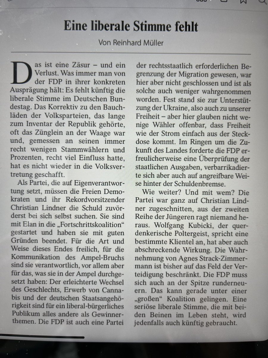 KH_Paque's tweet photo. Stimmt! Reinhard Müller in ⁦@FAZ_NET⁩: "Eine liberale Stimme fehlt". Aber wir sind leidenschaftliche Liberale. Wir werden vier Jahre lang hart daran arbeiten, dass die ⁦@fdp⁩ bei der nächsten #BTW (2029?) in Bundestag &amp; Bundesregierung zurückkehrt. ⁦⁦@fdpbt https://t.co/r9gUL6jpnu