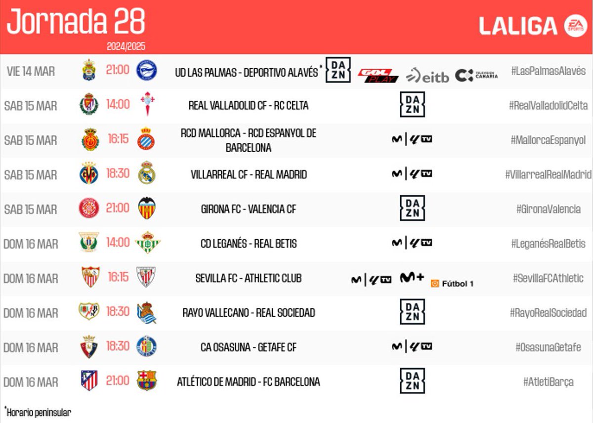 VoleaEs's tweet photo. ‼️ Confirmados los horarios de la jornada 28 de #LaLiga.

Se abrirá con un duelo clave por el descenso en Gran Canaria y se cerrará en el #RiyadhMetropolitano con un partido esencial en la batalla por el título.

❌ No habrá partido el lunes, debido al parón internacional. https://t.co/4HEWCDK9RM