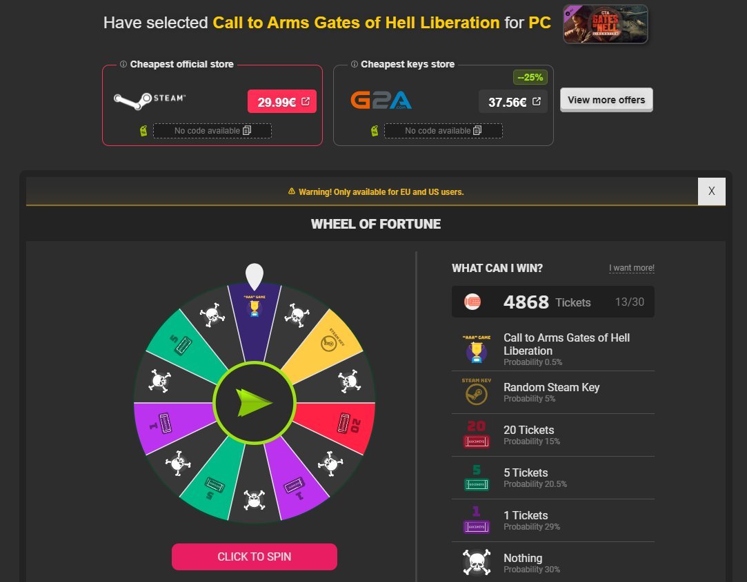 The user Alexpro has just won a copy of Call to Arms Gates of Hell Liberation (DLC) for free thanks to our Fortune Roulette - Congratulations, try your luck everyone!  
gocdkeys.com/get-free-games
