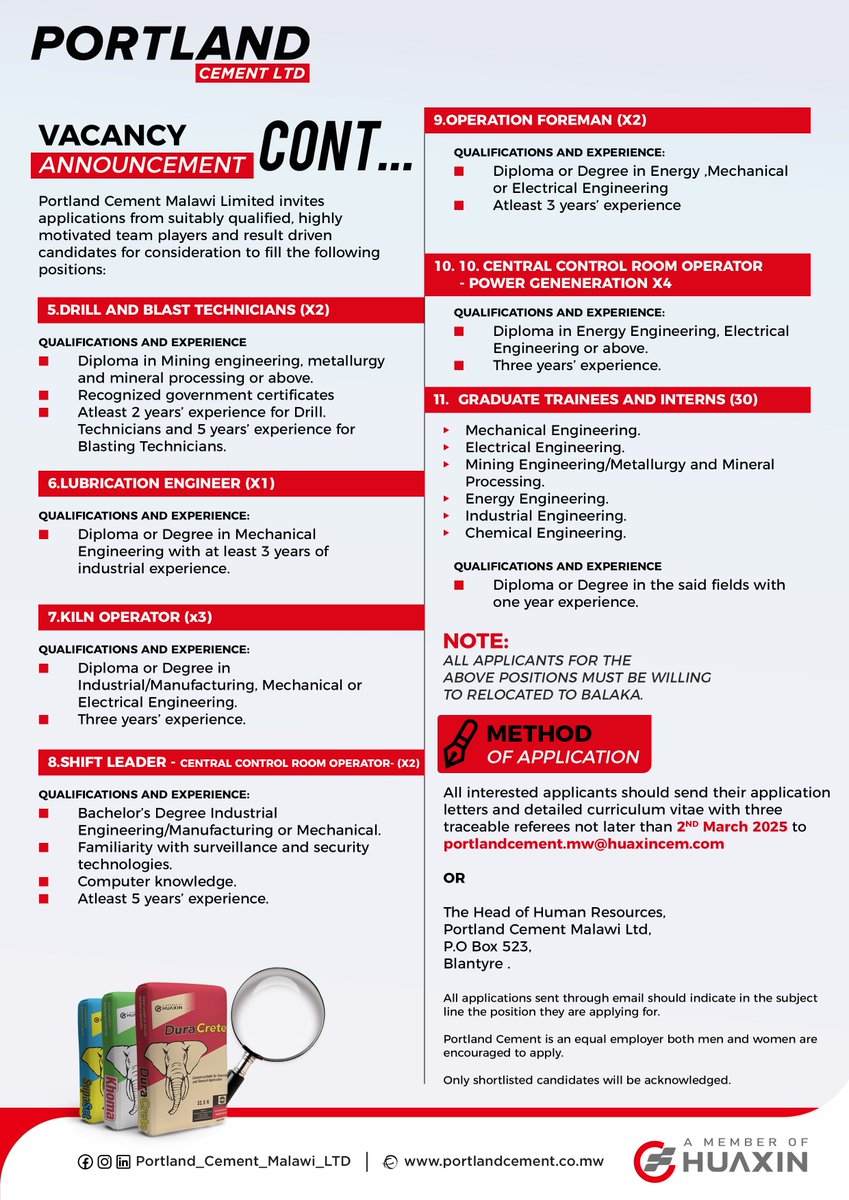 Bizmalawi's tweet image. Build your career with our tried and trusted team!!
More info: bizmalawi.com/listing/portla…
#Portlandcement #bizmalawi #malawi