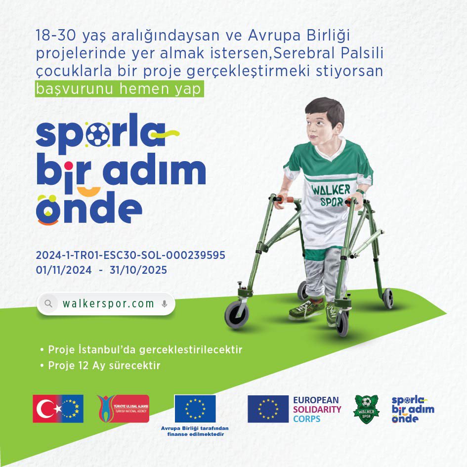 18-30 yaş aralığındaysan ve Avrupa Birliği projelerinde yer almak istersen,
Serebral Palsili çocuklarla bir proje gerçekleştirmek istiyorsan
başvurunu hemen yap

walkerspor.com/projelerimiz/
