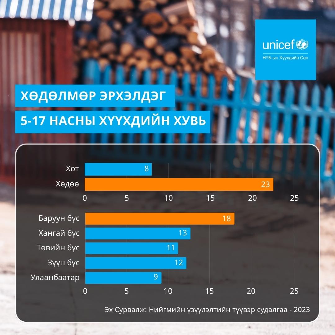 Нийгмийн үзүүлэлтийн түүвэр судалгаагаар хөдөө орон нутагт амьдардаг хүүхдүүд хотод амьдардаг хүүхдүүдээс 2.7 дахин их хөдөлмөр эрхэлдэг байна.