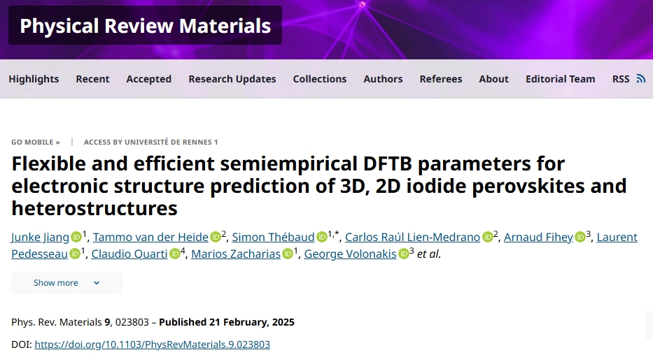 junke_jiang's tweet photo. I'm happy to share that our latest article has just been published in @PhysRevMater ! In this work, we developed DFTB parameters to calculate the electronic properties of lead iodide perovskites using an atomistic approach that requires very little computational effort. Many thanks to all of the co-authors for making this achievement possible. Stay tuned for more results on bromide systems!
https://t.co/KteVLvfPOc