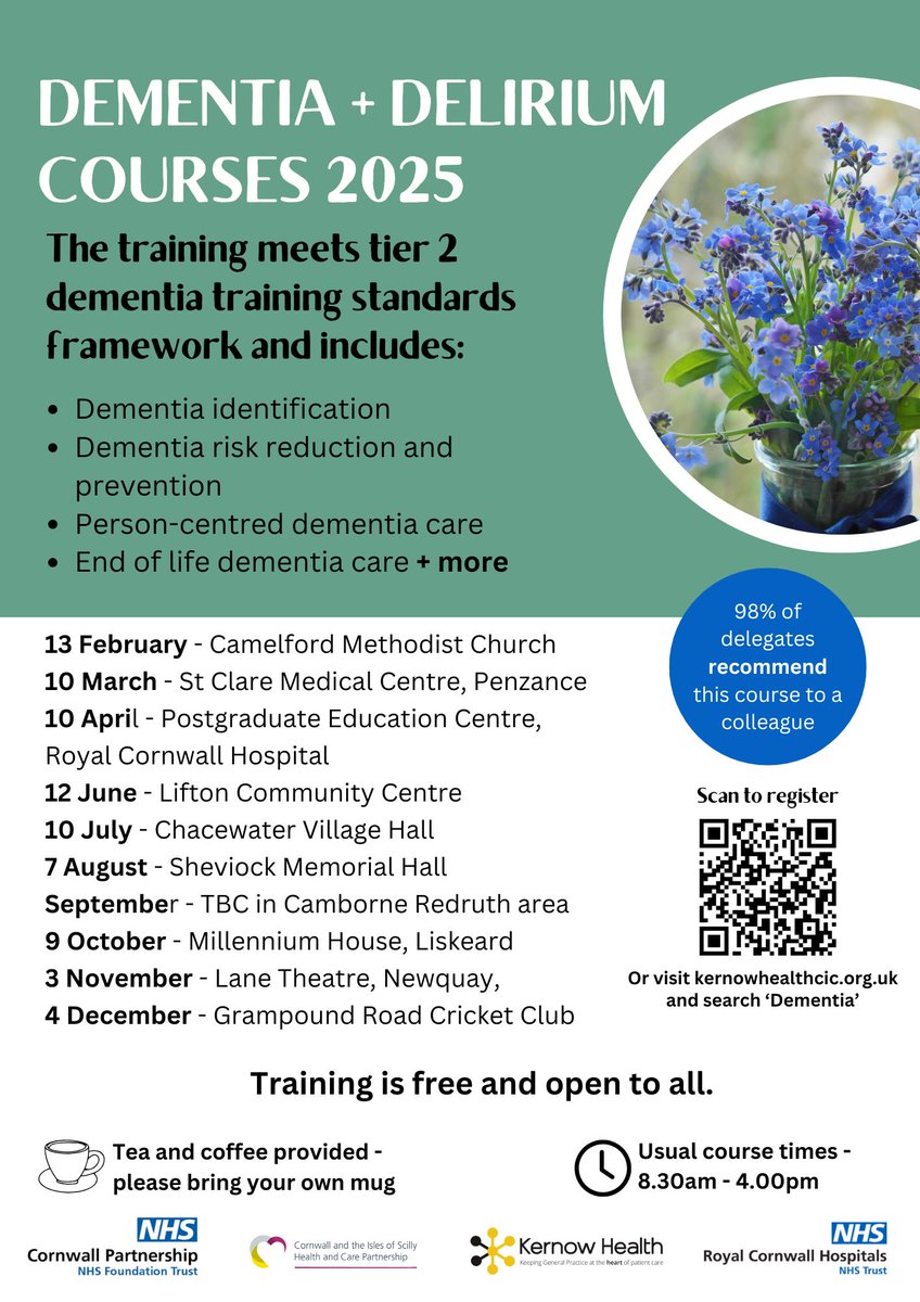 Have you seen the dates for this year's dementia and delirium training?  Visit our website for more information kernowhealthcic.org.uk/cornwall-train…