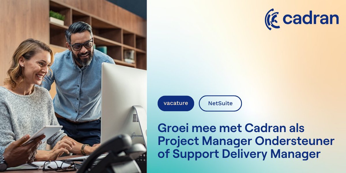 Wij zoeken talent!

Cadran groeit en zoekt versterking in ons NetSuite-team! 💡

👀 Project Manager Ondersteuner (32+ uur, hybride) 👉 bit.ly/4bk36IC
👀 Support Delivery Manager (fulltime, hybride) 
👉 bit.ly/41rlPOV

 Solliciteer nu!