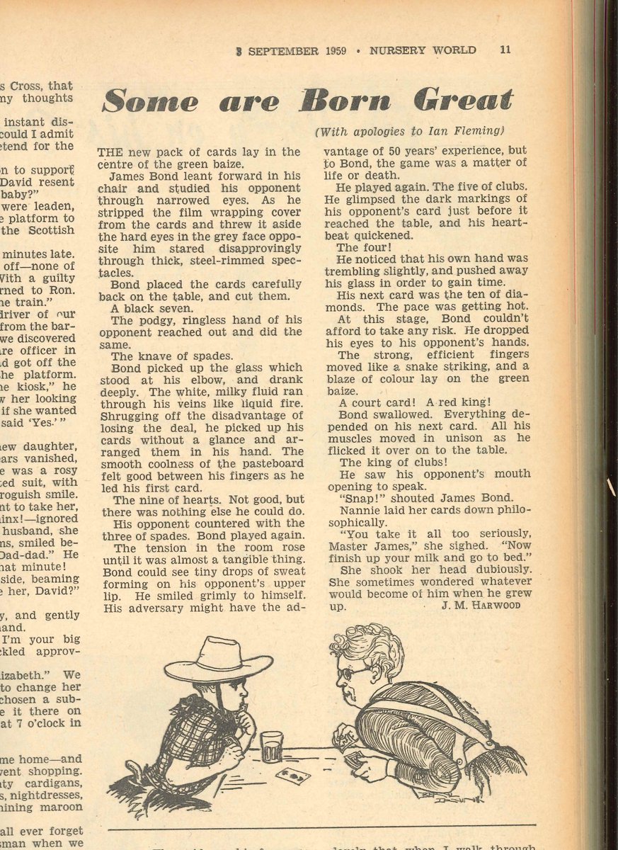 NWfeaturesed's tweet image. We don't often cross paths with James Bond at @NurseryWorld, but (rather thrillingly) ianflemingfoundation.org pointed us to an unofficial #007 story in our archives from 3 September 1959. If anyone happens to have a paper copy of that issue they are looking for it! #nwarchives