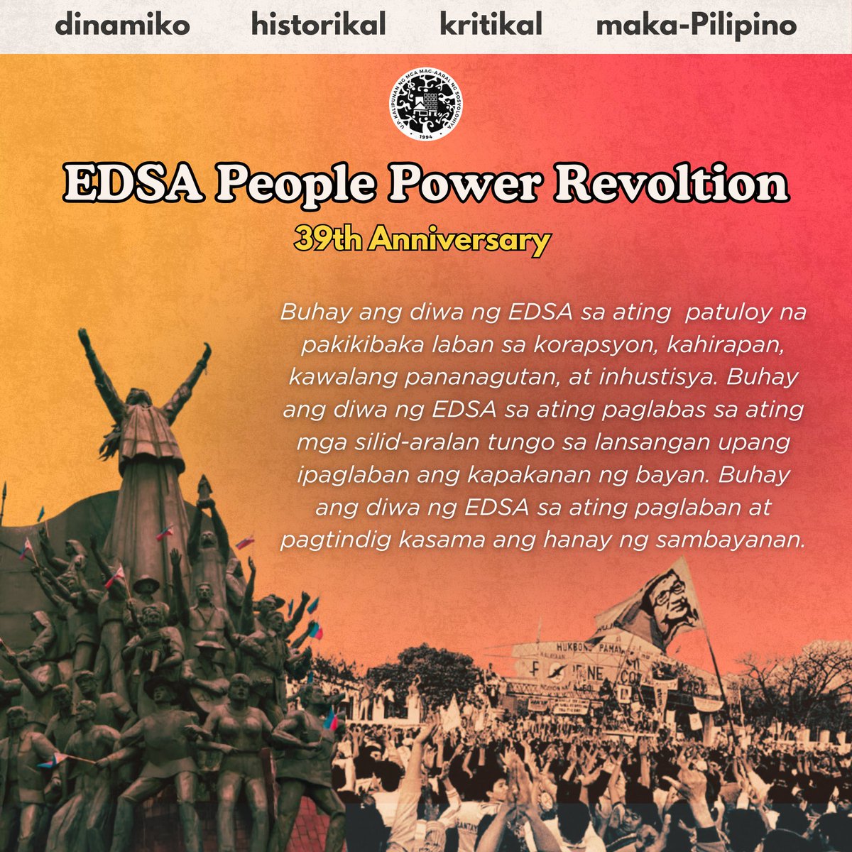 UP_KMS's tweet photo. Buhay ang diwa ng EDSA sa ating paglaban at pagtindig kasama ang hanay ng sambayanan. Nakikiisa ang UP KMS sa pag-alala ng nag-aalab na damdamin ng pakikibaka laban sa paniniil. 

Basahin ang buong pahayag: https://t.co/dPtKOsR7ax

#EDSA39
#NoToHistoricalRevisionism
#BuhayAngEDSA https://t.co/rJEsYCax16