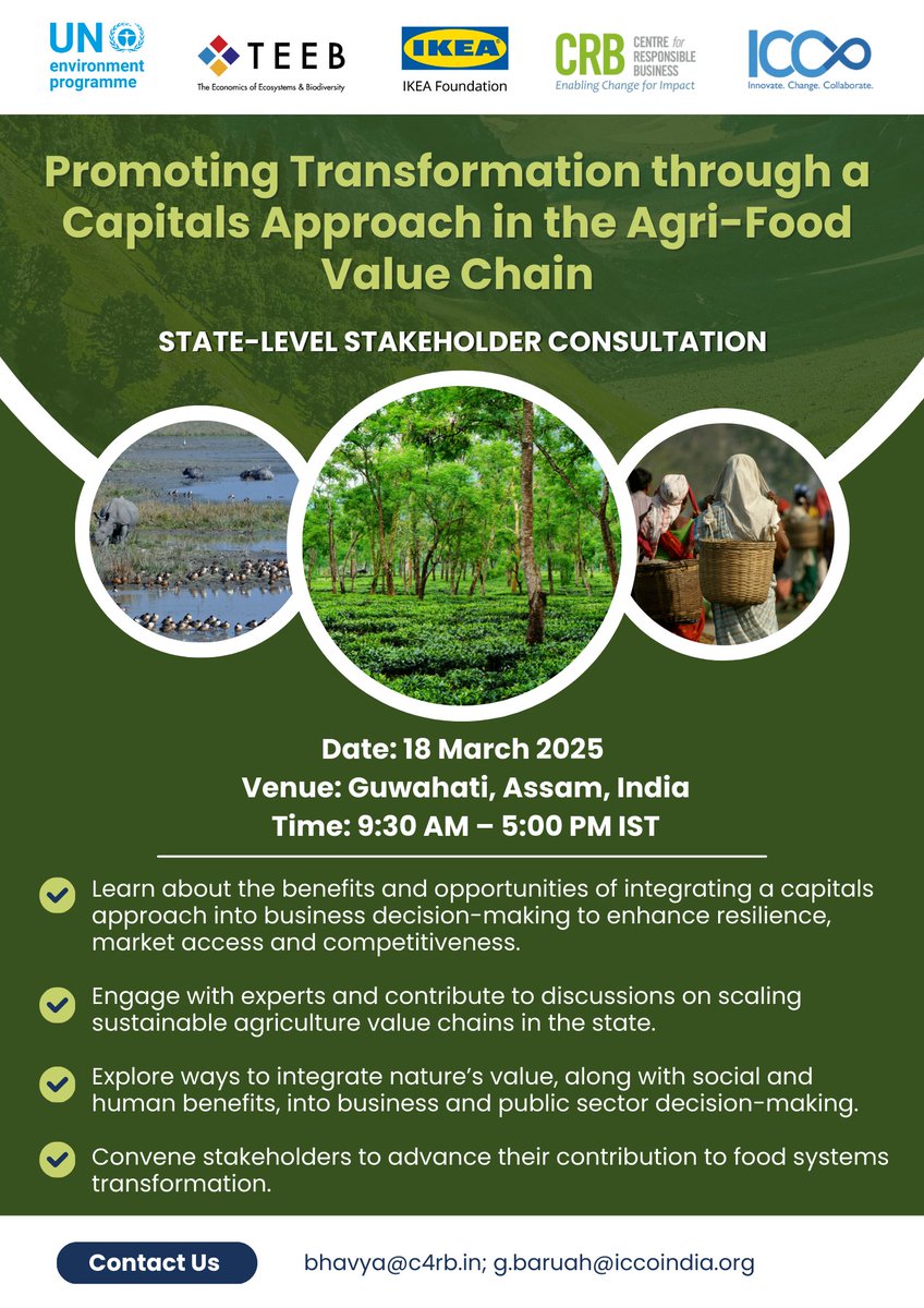 Centre for Responsible Business (@centre4respbiz) on Twitter photo 🌎 State-Level Stakeholder Consultation in #Assam
Join us in Assam for a State-Level Stakeholder Consultation on 'Promoting Transformation through a Capitals Approach in the Agri-Food Value Chain', hosted by <a href="/UNEP/">UN Environment Programme</a>, <a href="/Centre4RespBiz/">Centre for Responsible Business</a> , The Economics of Ecosystems and Biodiversity 🌎 State-Level Stakeholder Consultation in #Assam
Join us in Assam for a State-Level Stakeholder Consultation on 'Promoting Transformation through a Capitals Approach in the Agri-Food Value Chain', hosted by <a href="/UNEP/">UN Environment Programme</a>, <a href="/Centre4RespBiz/">Centre for Responsible Business</a> , The Economics of Ecosystems and Biodiversity