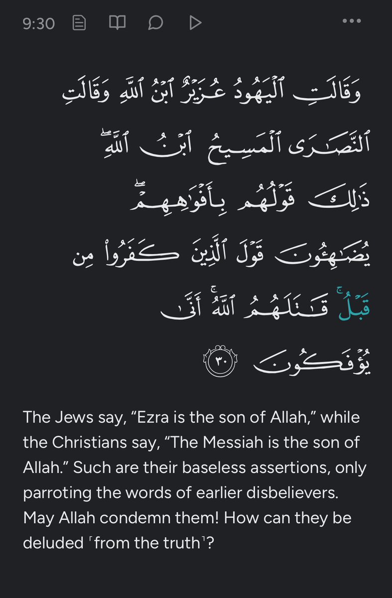 sully_b28's tweet photo. @MarkHeath45 @KashifMD Quran 9:30 u clown
Yeah let’s make a fake list of quotes from the Quran that don’t exist🤡🤡 https://t.co/oD1qicIefZ