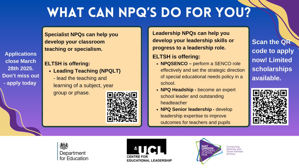 East London Teaching School Hub (@eastlondontsh) on Twitter photo We hope everyone had a fantastic half-term break.
📢 We are recruiting for the Spring 2025 cohort of #NPQs with <a href="/CEL_IOE/">UCL Centre for Educational Leadership</a>. Don't miss out on amazing #ProfessionalDevelopment opportunities, apply now: National Professional Qualifications – East London Teaching School Hub We hope everyone had a fantastic half-term break.
📢 We are recruiting for the Spring 2025 cohort of #NPQs with <a href="/CEL_IOE/">UCL Centre for Educational Leadership</a>. Don't miss out on amazing #ProfessionalDevelopment opportunities, apply now: National Professional Qualifications – East London Teaching School Hub