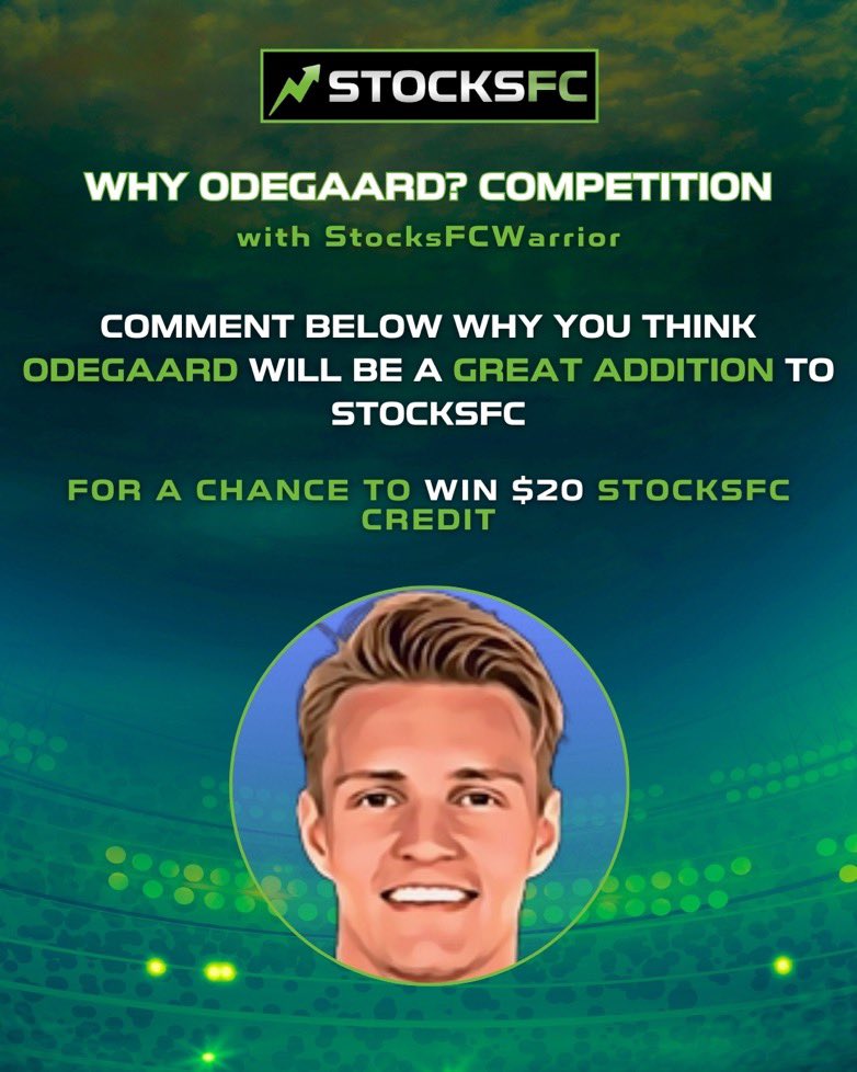 StockFCwarrior's tweet photo. ❗️Martin Ødegaard $20 GIVEAWAY❗️

How to enter:

1) Like &amp; Retweet ❤️♻️
2) Comment Below why you think Odegaard will be a great addition to StocksFC⬇️
3) Follow me &amp; @stocks_fc 

- Click the link to buy him now! https://t.co/oo3hAMlpTq

Winner will be picked Sunday
Good luck! 🍀 https://t.co/X72dVPsnnd