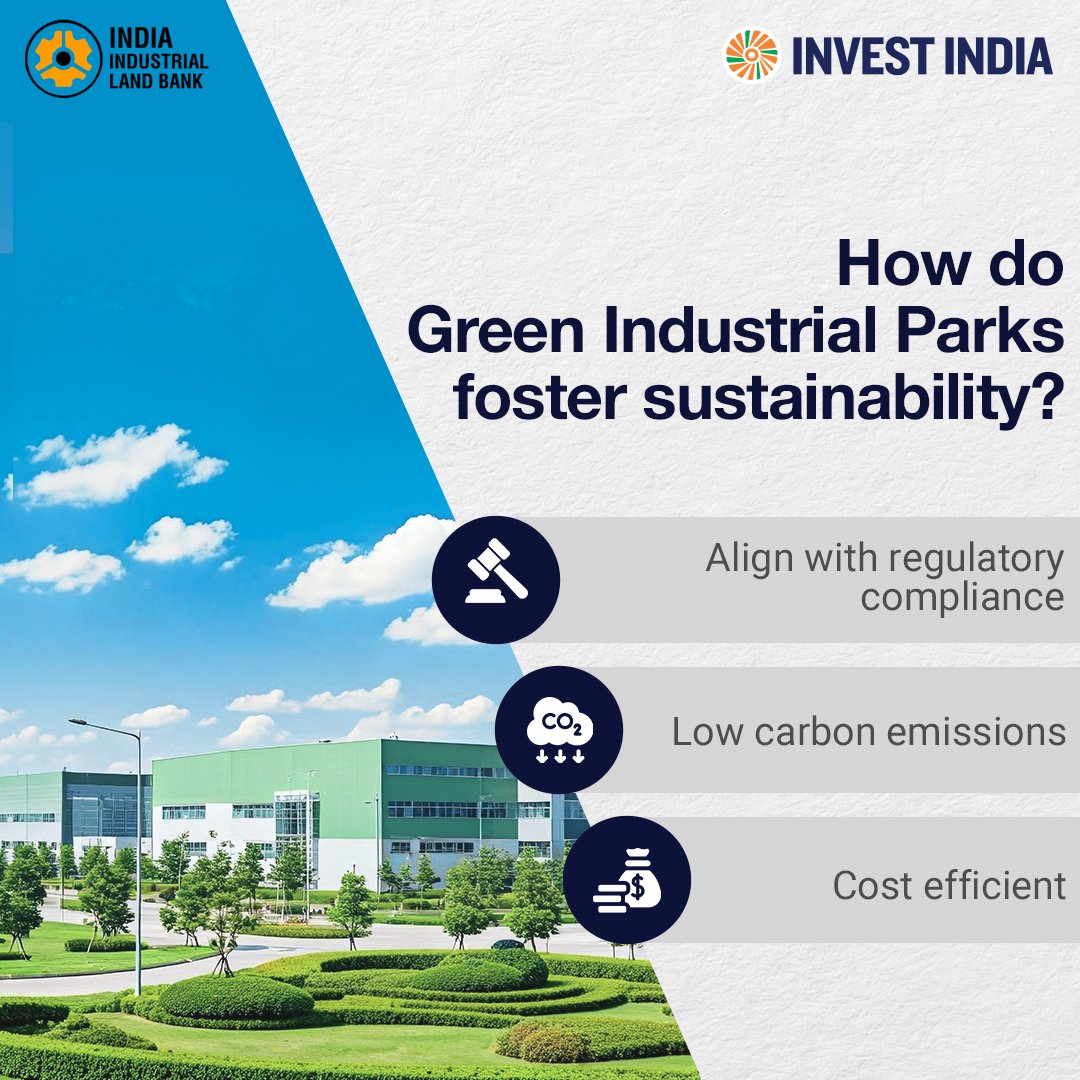 IndLandBank_GoI's tweet photo. #GreenIndustrialParks (GIPs) in India are paving the way for a cleaner, greener and more resilient industrial future—integrating sustainable energy, smart waste management and eco-friendly infrastructure to attract global investors.
Know more: https://t.co/sRMbwDdSof
#IILB https://t.co/WBMScPdQCy