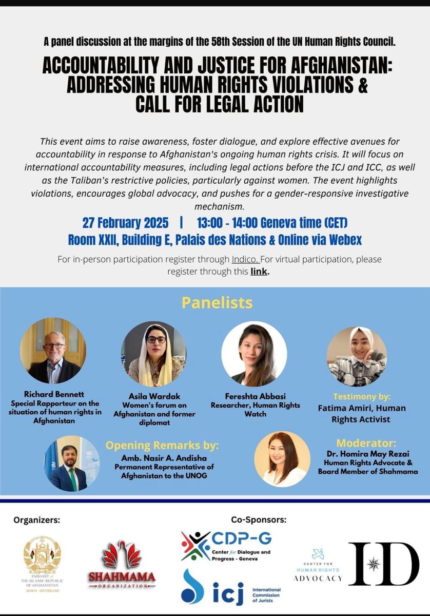 Center for Dialogue and Progress-Geneva (CDP-G) (@cdp_geneva) on Twitter photo Join a panel we are cohosting at #HRC58 on Accountability & Justice for Afghanistan, uniting experts and advocates to explore justice and accountability options. 🗓 27 Feb | 13-14:00CET. Online participation link below.
<a href="/Shahmamaorg/">Shahmama شهمامه</a> <a href="/AfghanistanInCH/">Afghanistan in Geneva</a> <a href="/c4hra/">Center for Human Rights Advocacy</a> <a href="/IDiplomat/">Independent Diplomat</a> <a href="/ICJ_org/">ICJ</a> Join a panel we are cohosting at #HRC58 on Accountability & Justice for Afghanistan, uniting experts and advocates to explore justice and accountability options. 🗓 27 Feb | 13-14:00CET. Online participation link below.
<a href="/Shahmamaorg/">Shahmama شهمامه</a> <a href="/AfghanistanInCH/">Afghanistan in Geneva</a> <a href="/c4hra/">Center for Human Rights Advocacy</a> <a href="/IDiplomat/">Independent Diplomat</a> <a href="/ICJ_org/">ICJ</a>