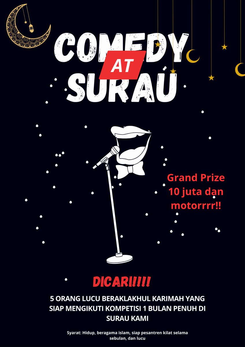 ️️

 ️️️️
DICARIIIIII!!!

5 ORANG DENGAN SPESIFIKASI DI BAWAH INI UNTUK GABUNG DI SURAU KAMI

1. Dapat sertifikat orang terlucu di tongkrongan
2. Mukanya adem kaya ubin masjid.
3. Omongannya sering kaya orang bener.
4. Beragama islam
5. Lucu.
 ️️️️️️

 ️️️️