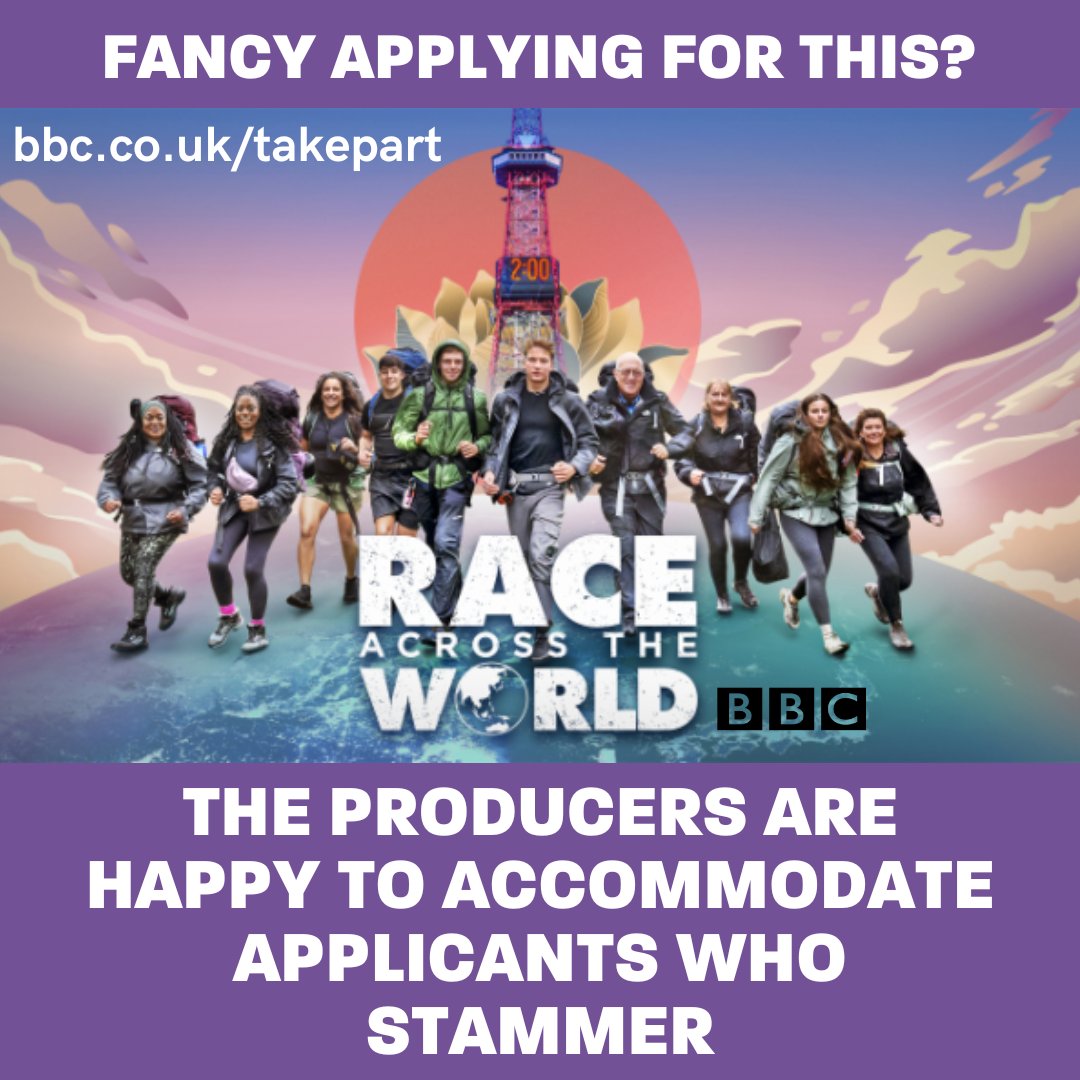 Studio Lambert are currently casting for the next series of Race Across the World and are encouraging people who stammer to apply. 

They've got a flexible application process you can discuss with the casting team. Head to bbc.co.uk/.../race-acros… for details.