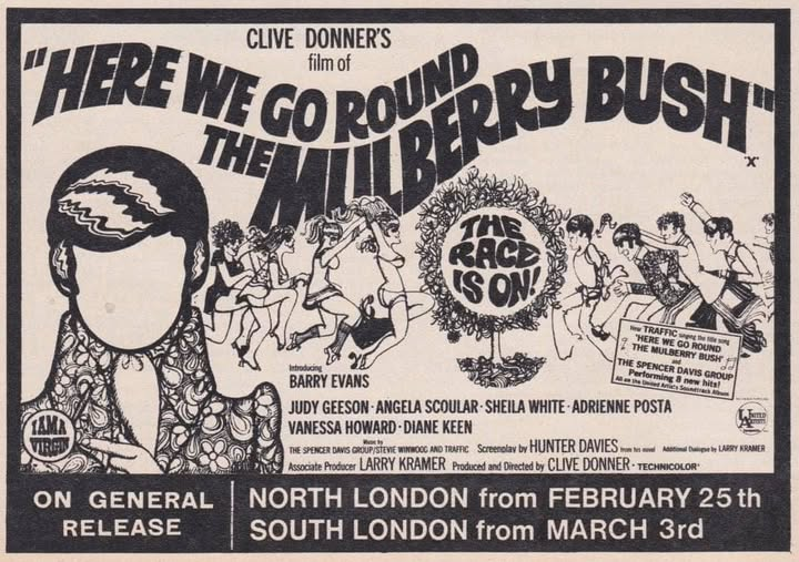 wilsongullis's tweet photo. Fifty-seven years ago today, North London cinema audiences went round the Mulberry Bush... #HereWeGoRoundTheMulberryBush #1960s #film #films #CliveDonner #HunterDavies #BarryEvans #JudyGeeson #AdriennePosta #DianeKeen #AngelaScoular #SheilaWhite https://t.co/gEUOFyd8qO