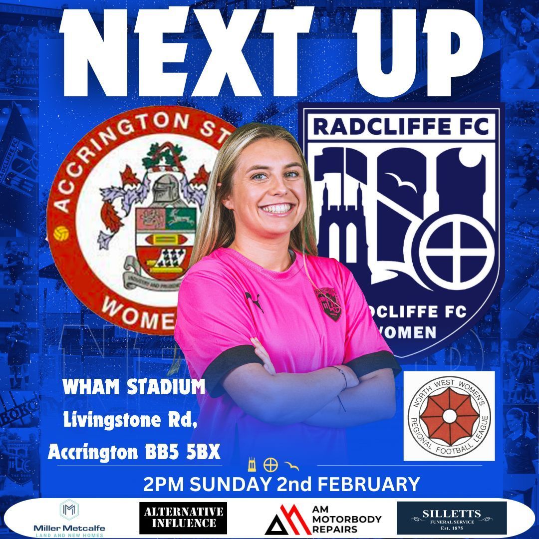 Radcliffe_Women's tweet image. This coming Sunday we are away to Accrington Stanley Women at the Wham Stadium Ko 2pm.

@radcliffeboro
@radcliffefcfdtn
@ASWFCofficial

#WeAreRadcliffe #UTB #ExcitingGame
#Football #Sports #Competition #community #womenfootball #footballinthecommunity #WomensFootball