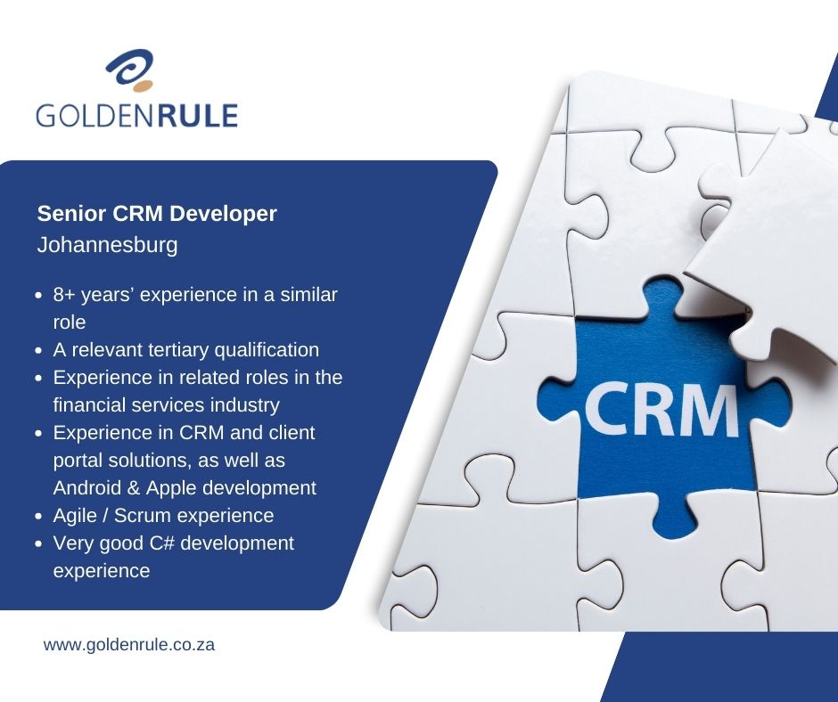 GoldenRulecoza's tweet image. Join our client&apos;s team as a Senior CRM Developer and play a key role in developing their CRM platform and client-facing portals.  Apply now: goldenrule.co.za/career-seekers…

📌 Job Number: GDR03598
📌 Contract Type: Permanent

#CRMDeveloper #CSharp #PHP #FinancialTech #TechJobs