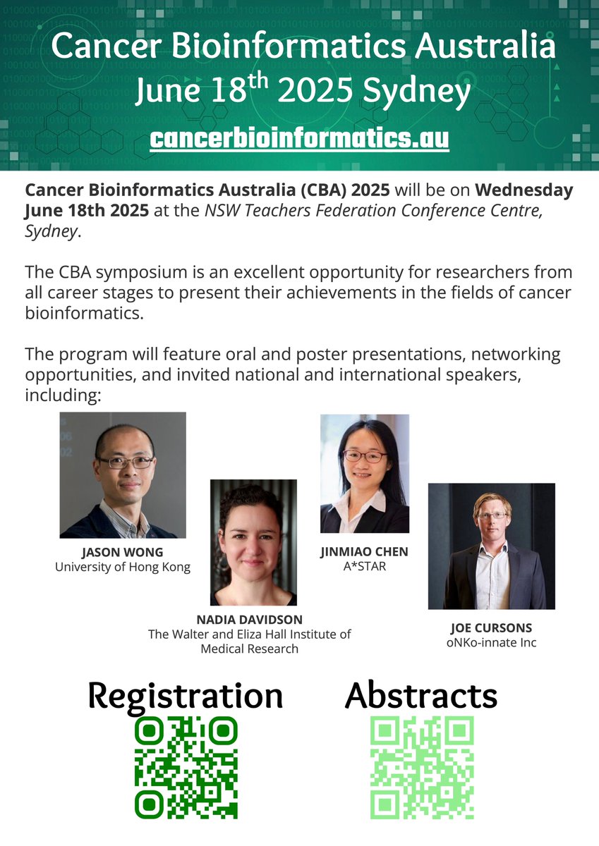 VicCanBioinf's tweet image. 📢 Registrations and Abstract submissions are now open for Cancer Bioinformatics Australia 2025!
Abstracts: 11th April cancerbioinformatics.au/abstracts
Registration: cancerbioinformatics.au/register
Further info: cancerbioinformatics.au