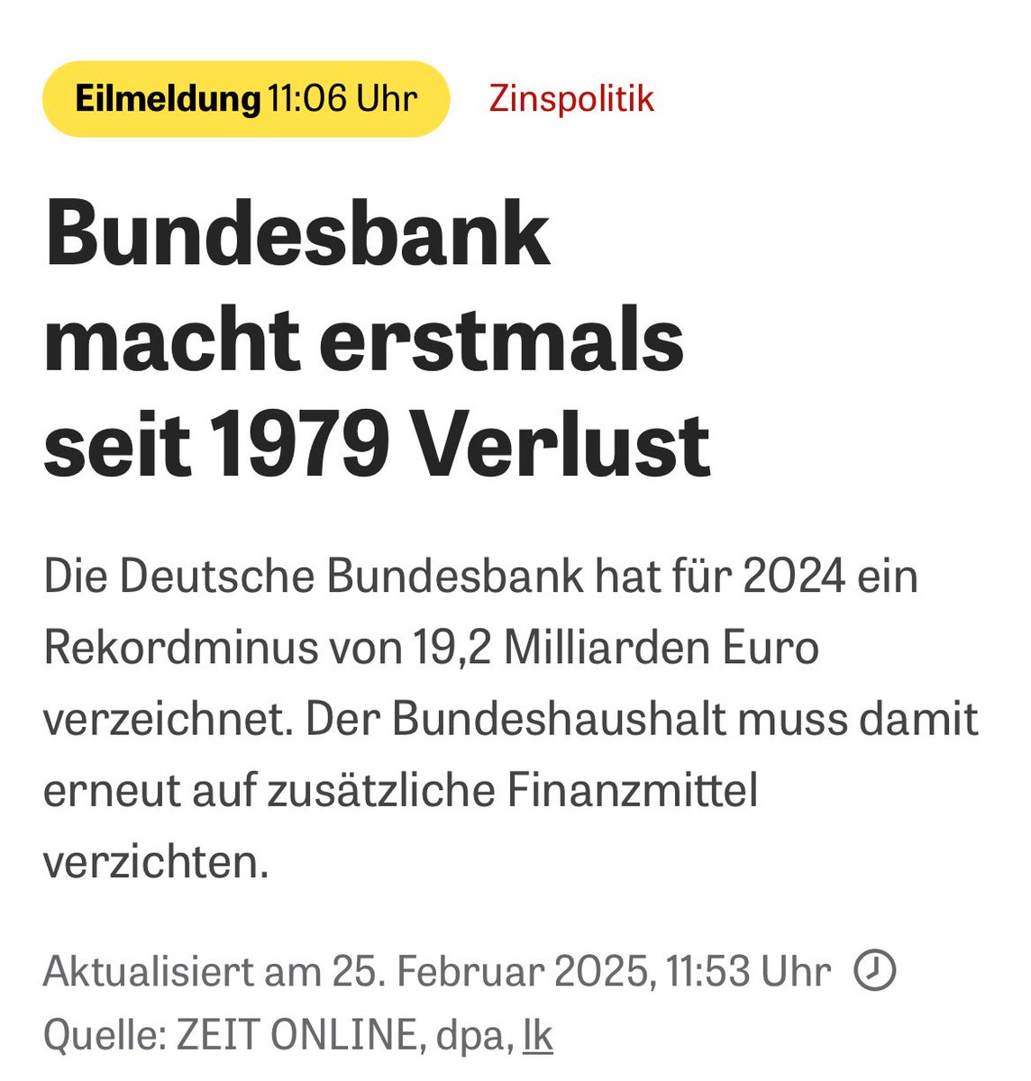 ⁦<a href="/DIEZEIT/">DIE ZEIT</a>⁩ Etwas lange Vorhergesehenes mit einer Eilmeldung zu kommunizieren, in der in keinster Weise der wirtschaftliche Kontext erklärt wird (ein Verlust ist anders als bei einer Geschäftsbank für das Geschäftsgebahren irrelevant) ist keine journalistische Glanzleistung