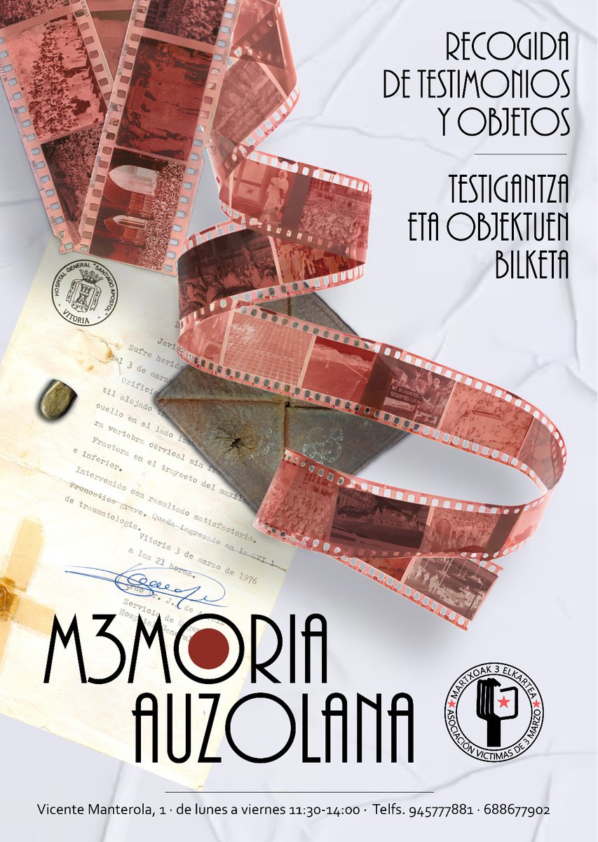 🎯 #M3MORIA AUZOLANA

MARTXOAK 3 PONE EN MARCHA UNA RECOGIDA DE TESTIMONIOS Y OBJETOS DIRIGIDA A TODO GASTEIZ

martxoak3.org/martxoak-3-pon…

MARTXOAK 3 ELKARTEAK GASTEIZ OSOARI ZUZENDUTAKO TESTIGANTZEN ETA OBJEKTUEN BILKETA JARRI DU ABIAN

martxoak3.org/martxoak-3-elk…