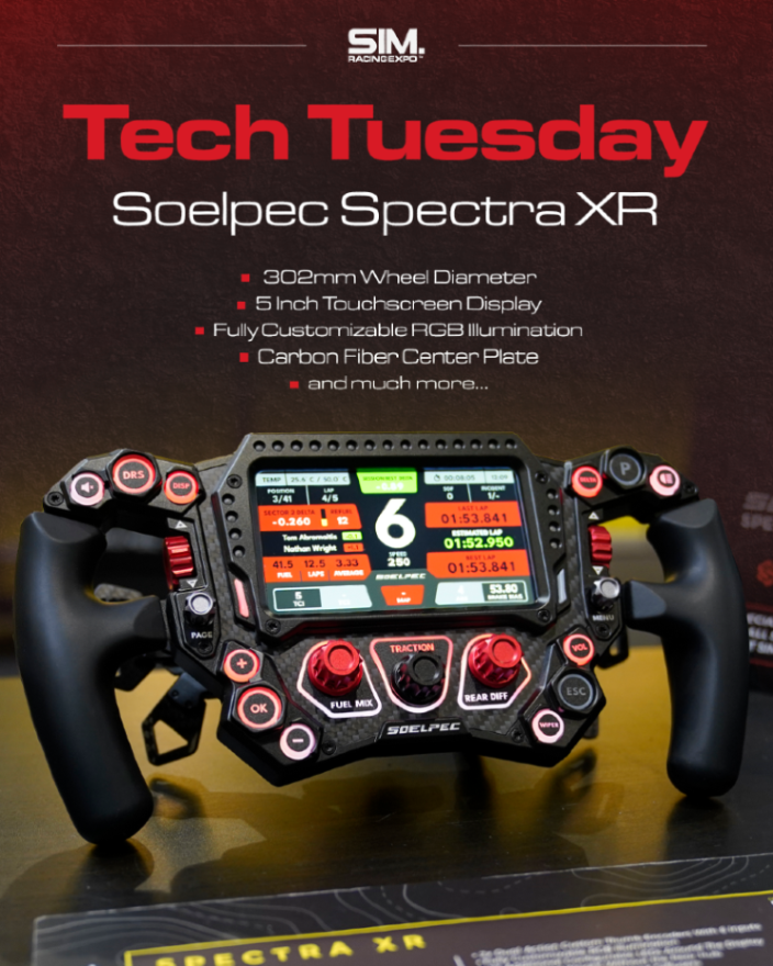 SimRacingExpo's tweet image. Tech Tuesday: @soelpec  Wheel Edition! 
SOELPEC is redefining sim racing with cutting-edge technology and premium craftsmanship.
Designed by racers, for racers, our wheels deliver precision, performance, and style.

The Spectra XR is built for those who demand the best:
🔥 5”…