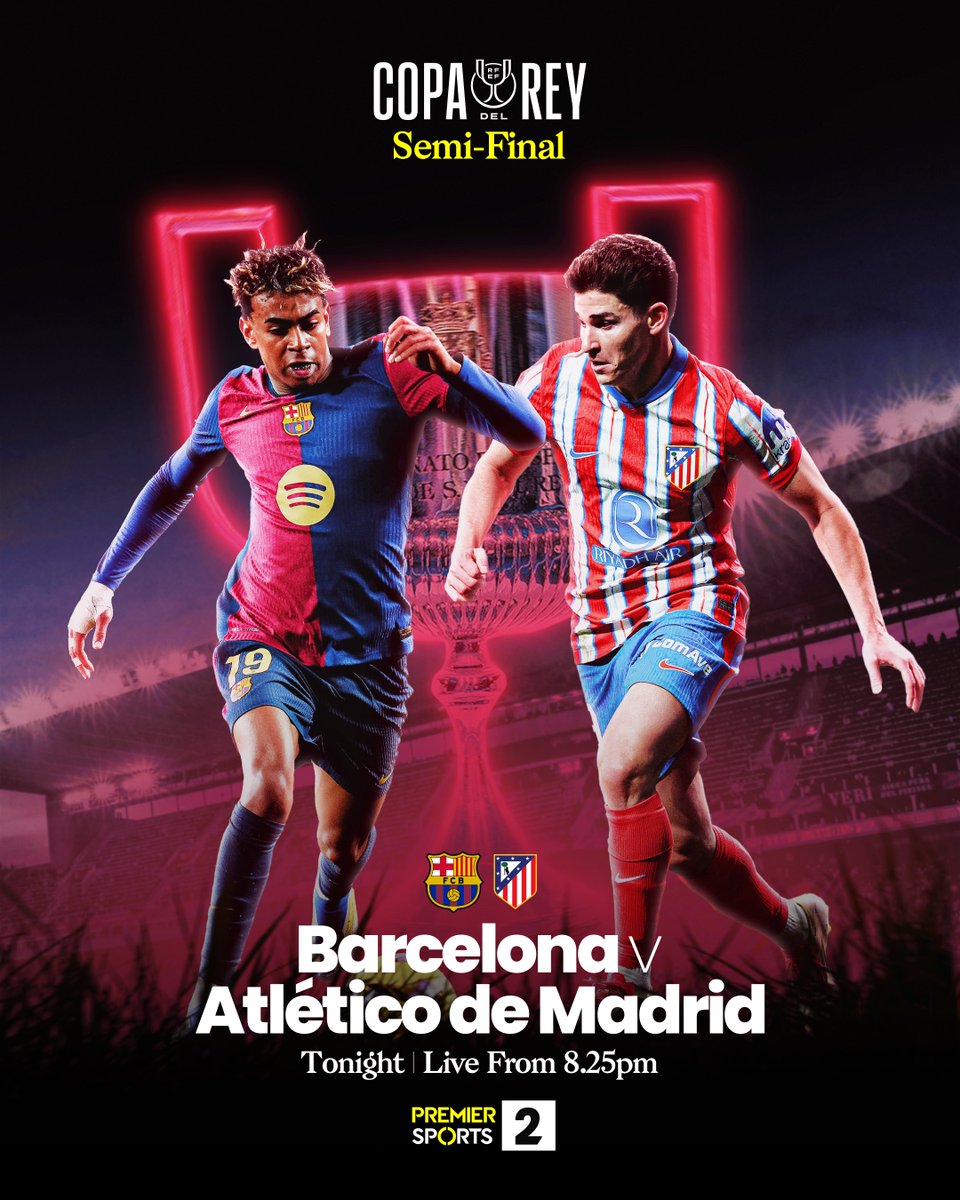 PremSportsTV's tweet photo. The first leg of a blockbuster Copa del Rey Semi-Final tie takes place tonight 🤩

Watch Barcelona vs Atlético de Madrid LIVE on Premier Sports 2 from 8.25pm 📺 https://t.co/xRPXprdhW7