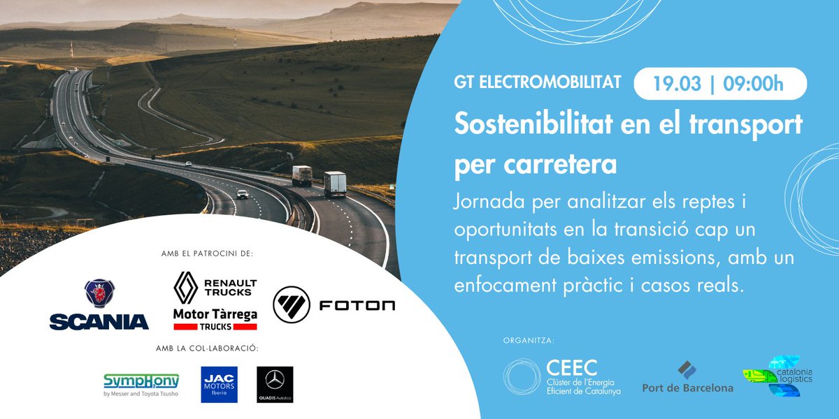 Jornada sobre Sostenibilitat en el Transport per Carretera 🚚♻️

El pròxim 19 de març, el GT d’Electromobilitat del #CEEC, juntament amb el <a href="/PortdeBarcelona/">Port de Barcelona</a> i el <a href="/ccatlogist/">Catalonia Logistics</a>, organitzem una jornada imprescindible per a tots els professionals del sector del #transport i la