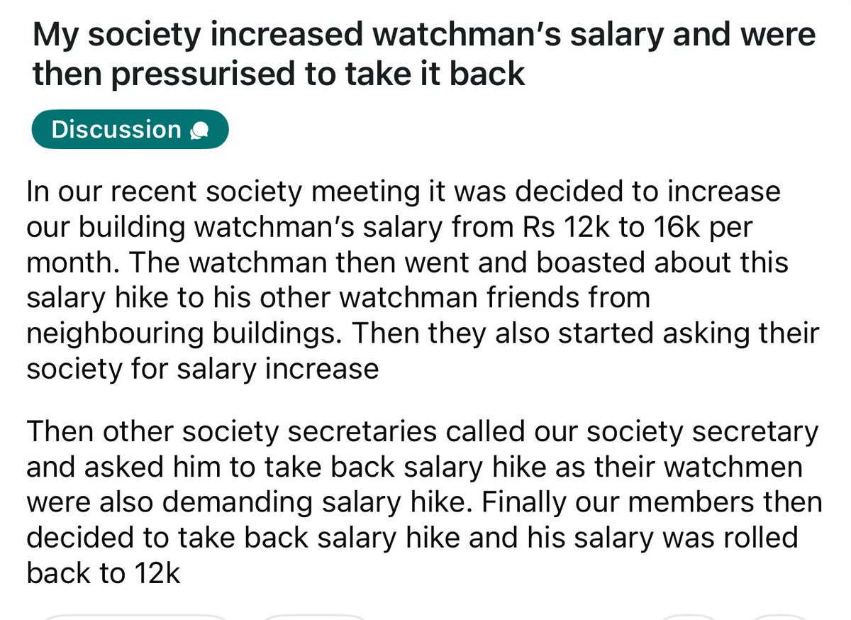shantanub's tweet image. The state of India. One building society increased watchman’s salary. Other nearby buildings forced them to roll it back. #Reddit