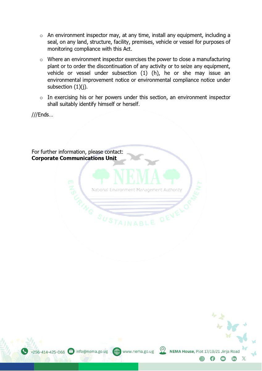 nemaug's tweet photo. Section 127 of the National Environment Act, Cap. 181, mandates the National Environment Management Authority (NEMA) to designate duly qualified public officers as environment inspectors through a gazette notice. NEMA is required to equip inspectors with knowledge. Details... https://t.co/pmqqngUZba