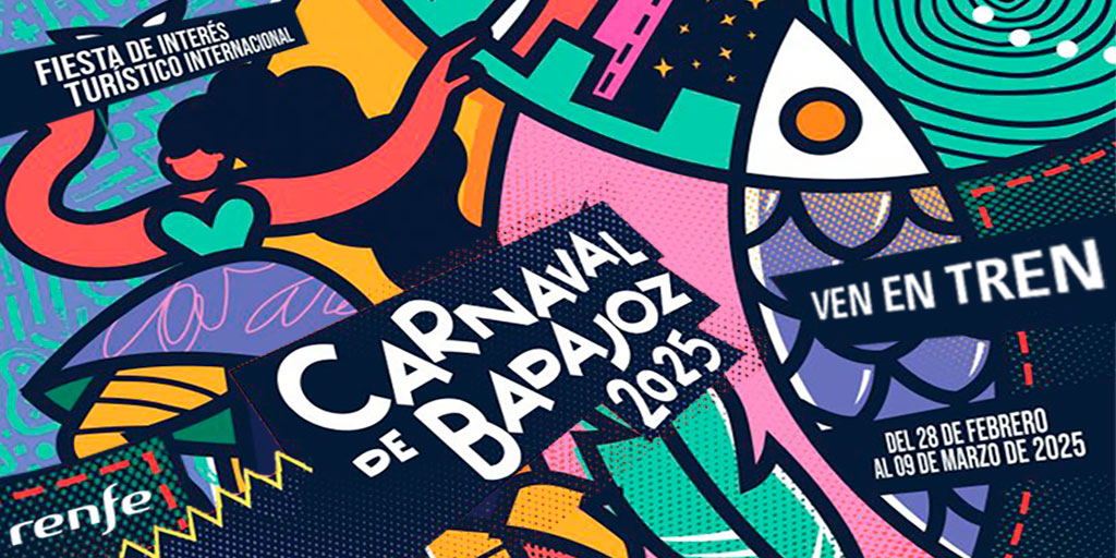 Renfe's tweet photo. ¡Ven en tren al #carnavaldebadajoz🥸!
Servicios y precios especiales, los días 1 y 2 de marzo, para tus viajes en trenes de Media Distancia entre Villanueva de la Serena y Badajoz, y estaciones intermedias.
¡Vive la fiesta! 🥳
@CarnavalBJZ 
https://t.co/bLHzzv2TXG https://t.co/90TiTnDMUd