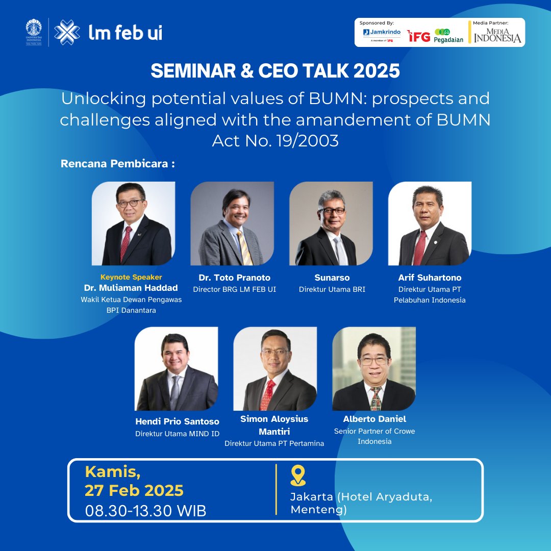 mediaindonesia's tweet photo. Segera daftar! Seminar & CEO Talk 2025: Unlocking Potential Value of BUMN. Dapatkan insight dari CEO BUMN, regulator, dan pakar industri. Tiket terbatas. Jangan lewatkan kesempatan ini. Daftar sekarang: https://t.co/yPCHg1rAtR #BUMN #CEOtalk #MIA25 https://t.co/YJQNFOb5MI