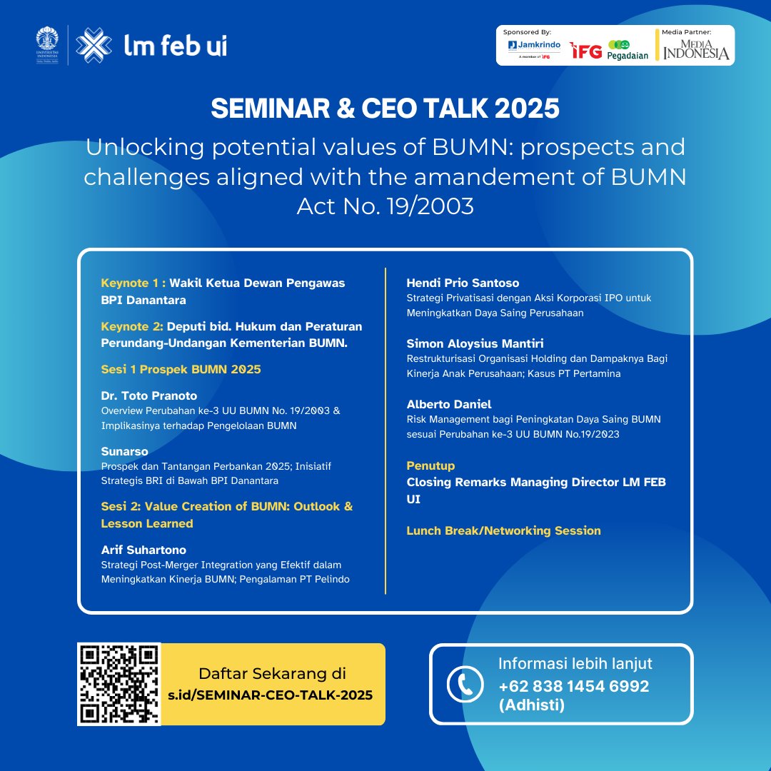mediaindonesia's tweet photo. Segera daftar! Seminar & CEO Talk 2025: Unlocking Potential Value of BUMN. Dapatkan insight dari CEO BUMN, regulator, dan pakar industri. Tiket terbatas. Jangan lewatkan kesempatan ini. Daftar sekarang: https://t.co/yPCHg1rAtR #BUMN #CEOtalk #MIA25 https://t.co/YJQNFOb5MI