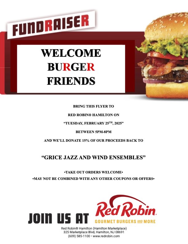 There will be a fundraiser tonight at Red Robin for our band program.