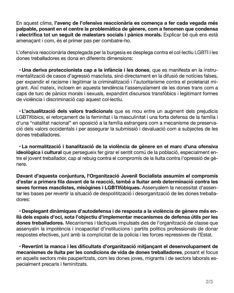 OJS_CAT's tweet photo. 📄 || Compartim la lectura política amb relació al 8 de març.

La lluita contra l'opressió de gènere ha de ser un dels fonaments principals d'una proposta socialista.

Només podrem acabar amb l'opressió de gènere erradicant les bases que fan possible la seva perpetuació. https://t.co/AWe4RFqLLd