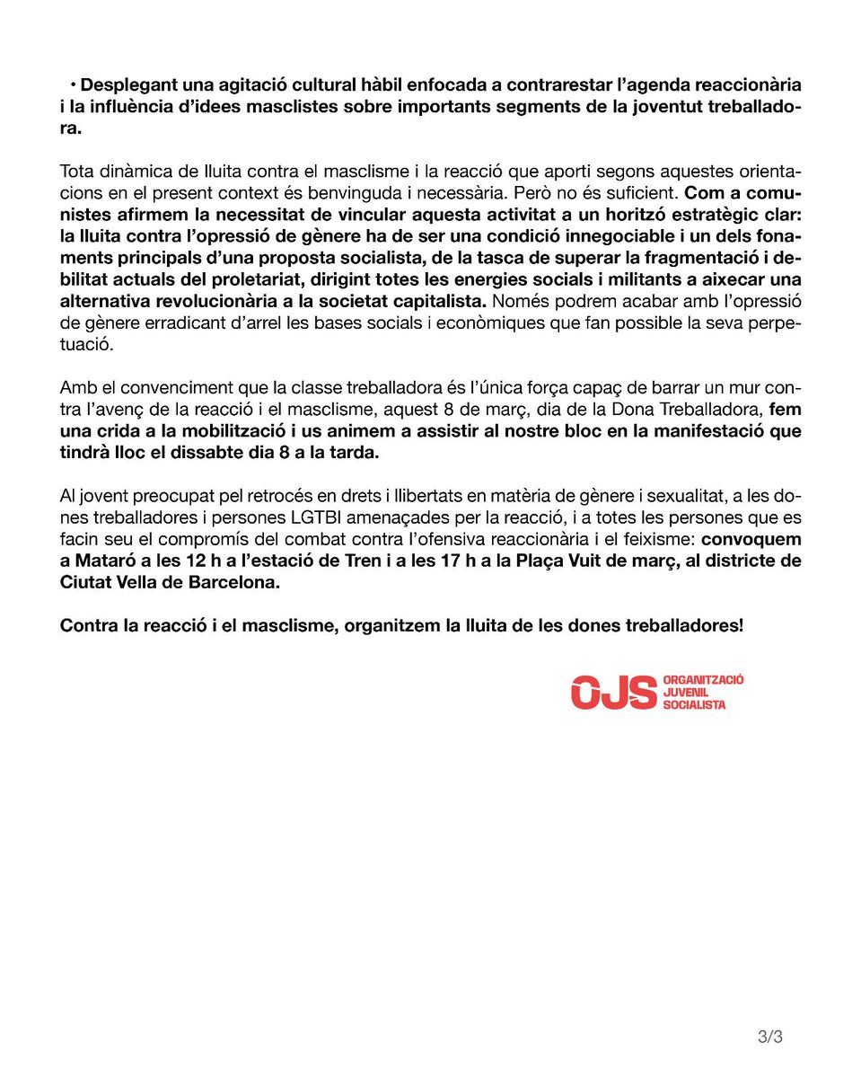 OJS_CAT's tweet photo. 📄 || Compartim la lectura política amb relació al 8 de març.

La lluita contra l'opressió de gènere ha de ser un dels fonaments principals d'una proposta socialista.

Només podrem acabar amb l'opressió de gènere erradicant les bases que fan possible la seva perpetuació. https://t.co/AWe4RFqLLd