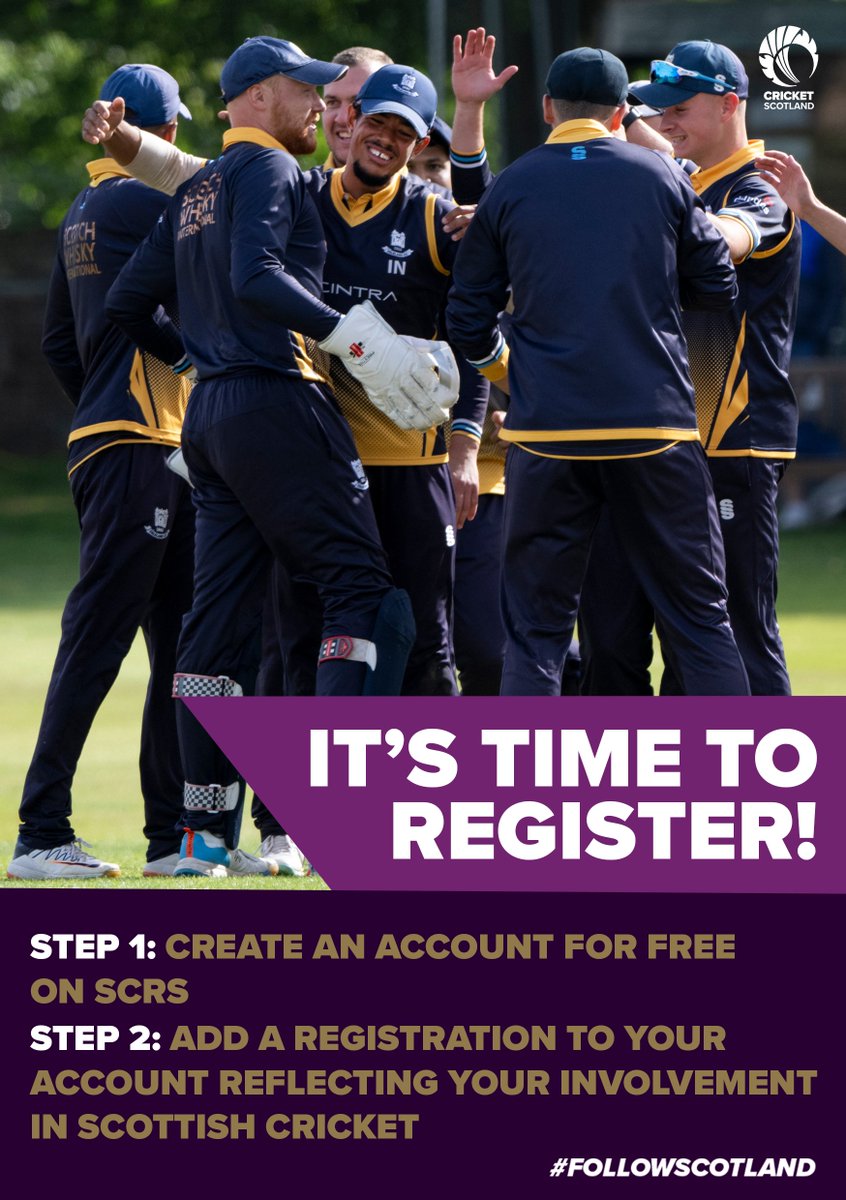 𝙄𝙏'𝙎 𝙏𝙄𝙈𝙀 𝙏𝙊 𝙍𝙀𝙂𝙄𝙎𝙏𝙀𝙍! 🏴󠁧󠁢󠁳󠁣󠁴󠁿

Looking forward to the 2025 season?

Make sure you're registered on SCRS to play cricket in Scotland this year ➡️ cricketscotland.justgo.com/Account.mvc/Lo…

#ChooseCricket