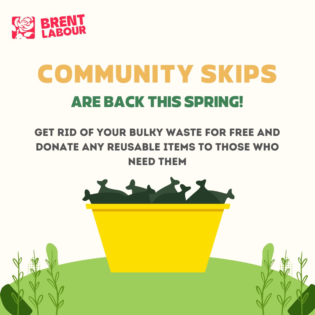 BrentLabour's tweet photo. ♻️ Community Skips are returning to your ward this spring!
Community Skips return to Brent from this weekend. Find your nearest dates and locations here: https://t.co/grUdONYNMn
Get rid of your bulky waste for free, and donate any reusable items to those who need them. https://t.co/VcpnvFrh43