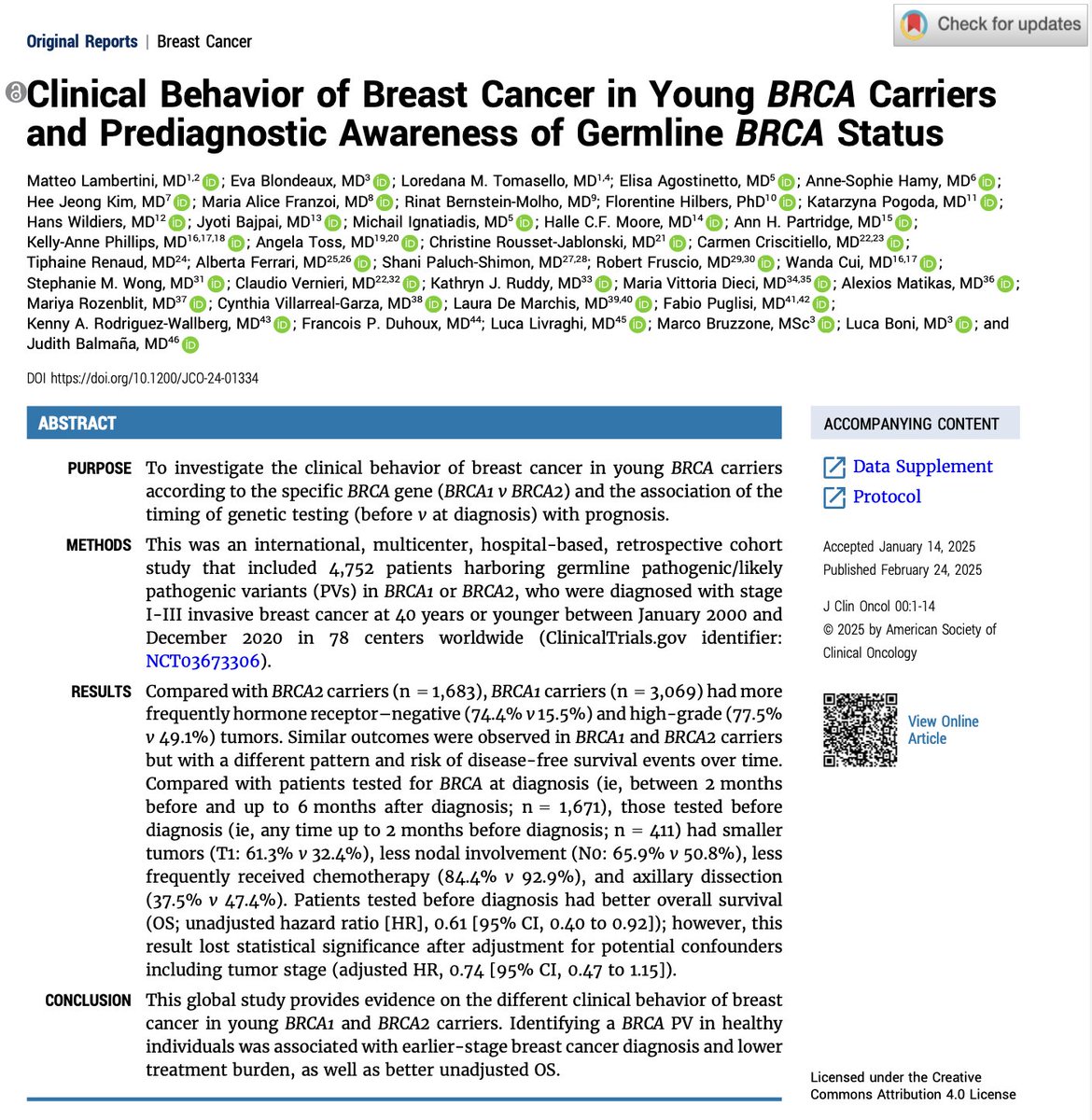 Matteo Lambertini, MD PhD (@matteolambe) on Twitter photo Presented at #ASCO24 and now out in <a href="/JCO_ASCO/">Journal of Clinical Oncology</a> results of our study on clinical behavior of #BreastCancer in young #BRCA carriers and importance of prediagnostic awareness of germline BRCA status..grateful to all #BRCABCYcollaboration
#bcsm <a href="/OncoAlert/">OncoAlert</a>
Link:
ascopubs.org/doi/pdf/10.120… Presented at #ASCO24 and now out in <a href="/JCO_ASCO/">Journal of Clinical Oncology</a> results of our study on clinical behavior of #BreastCancer in young #BRCA carriers and importance of prediagnostic awareness of germline BRCA status..grateful to all #BRCABCYcollaboration
#bcsm <a href="/OncoAlert/">OncoAlert</a>
Link:
ascopubs.org/doi/pdf/10.120…