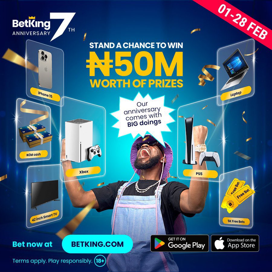 Morayoorr's tweet photo. Still celebrating@BetKingNG 7th Anniversary🎉🎈 
With as much as 50 million worth of amazing prices 
Free gift like iPhone 16 | PS5 & Xbox | Laptops | Smart TVs | Cash & Free Bets.

Play more games and increase your chances of winning!💰

Join here:👇
https://t.co/wfLQz9F93o

#BetKingAt7