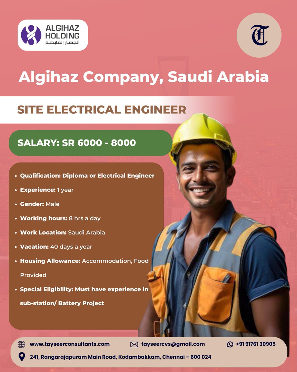 tayseerpvtltd's tweet image. We’re looking for a Site Electrical Engineer at Algihaz Company in Saudi Arabia.

📧 tayseercvs@gmail.com
🌐 tayseerconsultants.com
📞 +91 91760 45613

#siteelectricalengineer #electricaljobs #engineeringcareers #saudijobs #constructionjobs #algihaz