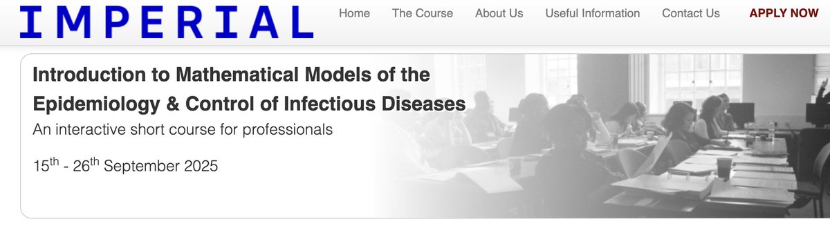 📢Scholarship opportunity📢

IMPERIAL short course: Introduction to Mathematical Models of the Epidemiology &amp; Control of Infectious Diseases

📅 15th – 26th September 2025

🔥Scholarship deadline: 16 March 

🔗Find out more: ow.ly/cCMm50V5XiV
