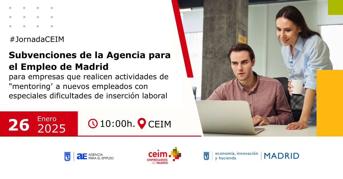 ⚠️ ÚLTIMAS PLAZAS ⚠️ | #JornadaCEIM

<a href="/engra9/">Engracia Hidalgo Tena</a>, delegada del Área de Gobierno de Economía, Innovación y Hacienda de <a href="/MADRID/">Ayuntamiento Madrid</a>, explicará la línea de subvenciones de ‘mentoring’.

 ¡Inscríbete ya! 👉🔗 ceim.es/eventos/jornad…