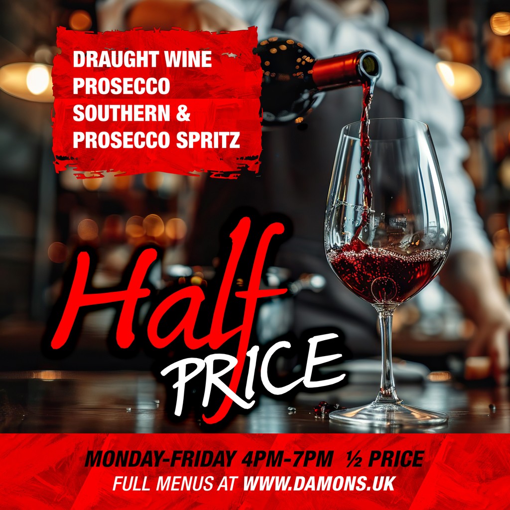 🍷 ½ PRICE 🍷 Draught Wine, Prosecco, Southern &amp; Prosecco Spritz!! 🍾 Monday to Friday 4pm-7pm 👀 #HappyHour #Wine #Prosecco #Damons #Lincoln #Lincolnshire #MENU ➡️ damons.co.uk/menus/drinks-m…
