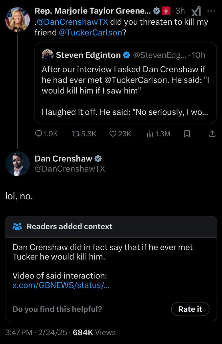DigitalDaisyX's tweet image. Eyepatch McCain aka Rep. Dan Crenshaw faced backlash after being caught on a hot mic seemingly threatening to kill Tucker Carlson, sparking widespread controversy and calls for censure

threatening to kill someone should not be taken lightly 

community notes wins again 🔥