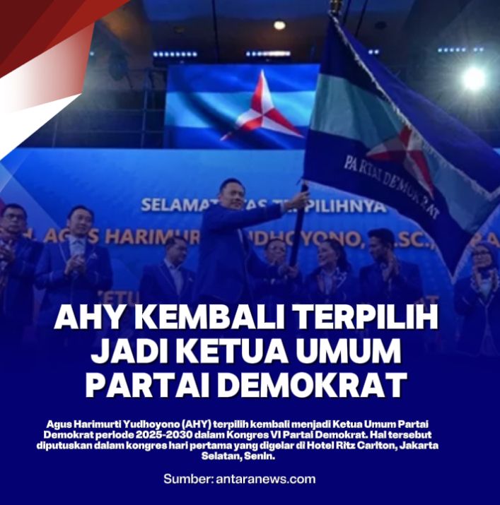 PDemokrat's tweet photo. Selamat kepada mas @AgusYudhoyono yg tadi malam, Senin, 24 Februari 2025, kembali terpilih sebagai Ketua Umum DPP Partai Demokrat masa bakti 2025-2030 melalui Kongres ke-VI Partai Demokrat 2025, di Jakarta.

AHY Ketum Demokrat
#PDBersamaPrabowo https://t.co/M3pBCAttfr