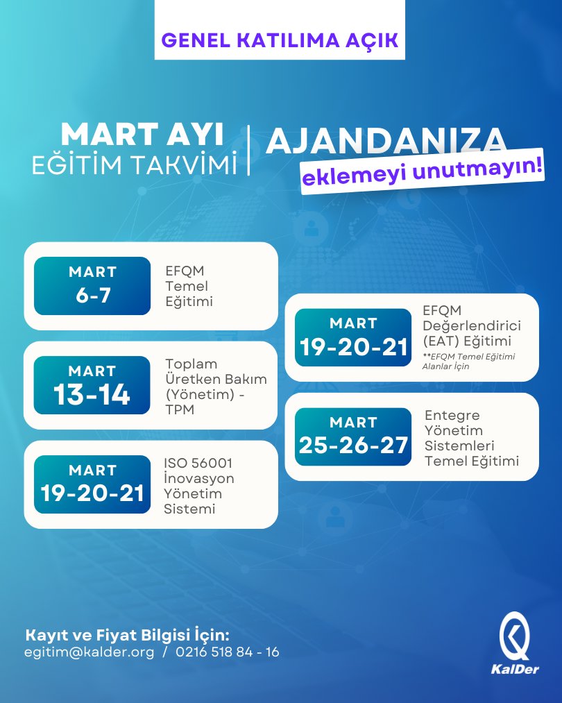 KalDer (@kalitedernegi) on Twitter photo 🎯 Mart Ayı Eğitim Takvimi Yayında! 🎯
Güncel eğitim bilgileri, içerikleri ve fiyat bilgisi için:
kalder.org | egitim@kalder.org
linktr.ee/turkiyekalited…
#Egitim #KalDer #Kalite #Sürdürülebilirlik #Sürdürülebilir 🎯 Mart Ayı Eğitim Takvimi Yayında! 🎯
Güncel eğitim bilgileri, içerikleri ve fiyat bilgisi için:
kalder.org | egitim@kalder.org
linktr.ee/turkiyekalited…
#Egitim #KalDer #Kalite #Sürdürülebilirlik #Sürdürülebilir