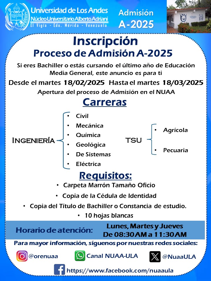 🚨Núcleo #ULA Vigia🚨
Proceso de admisión nuevos bachilleres para las diferentes carreras disponibles en el Núcleo #ULA Vigía, desde el 18/02 al 18/03 del 2025.
<a href="/bonuccimario/">Mario Bonucci R.</a> <a href="/rectoradoula/">Rectorado ULA</a> <a href="/jorgegalvis/">jorge galvis</a>